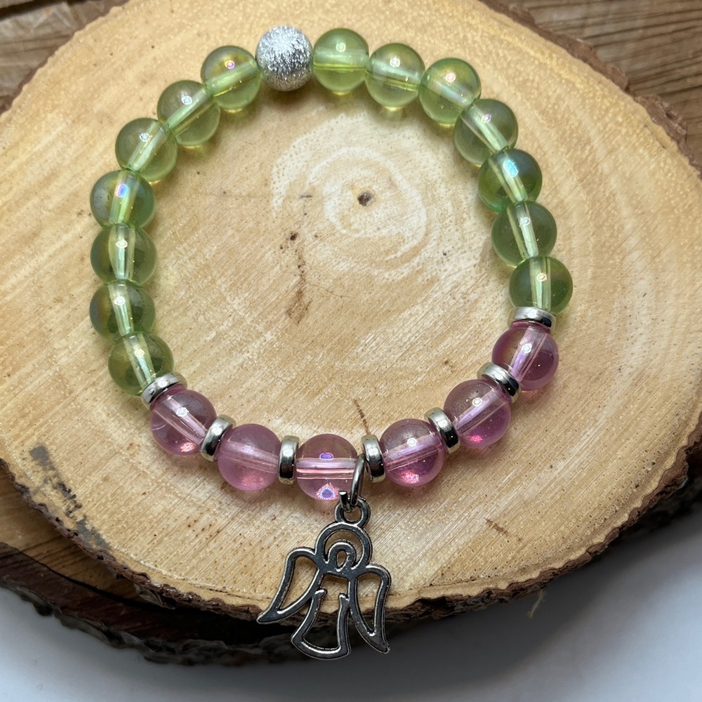 Bundle 🍋Green and Pink Beaded Angel Charm Stretch Bracelet